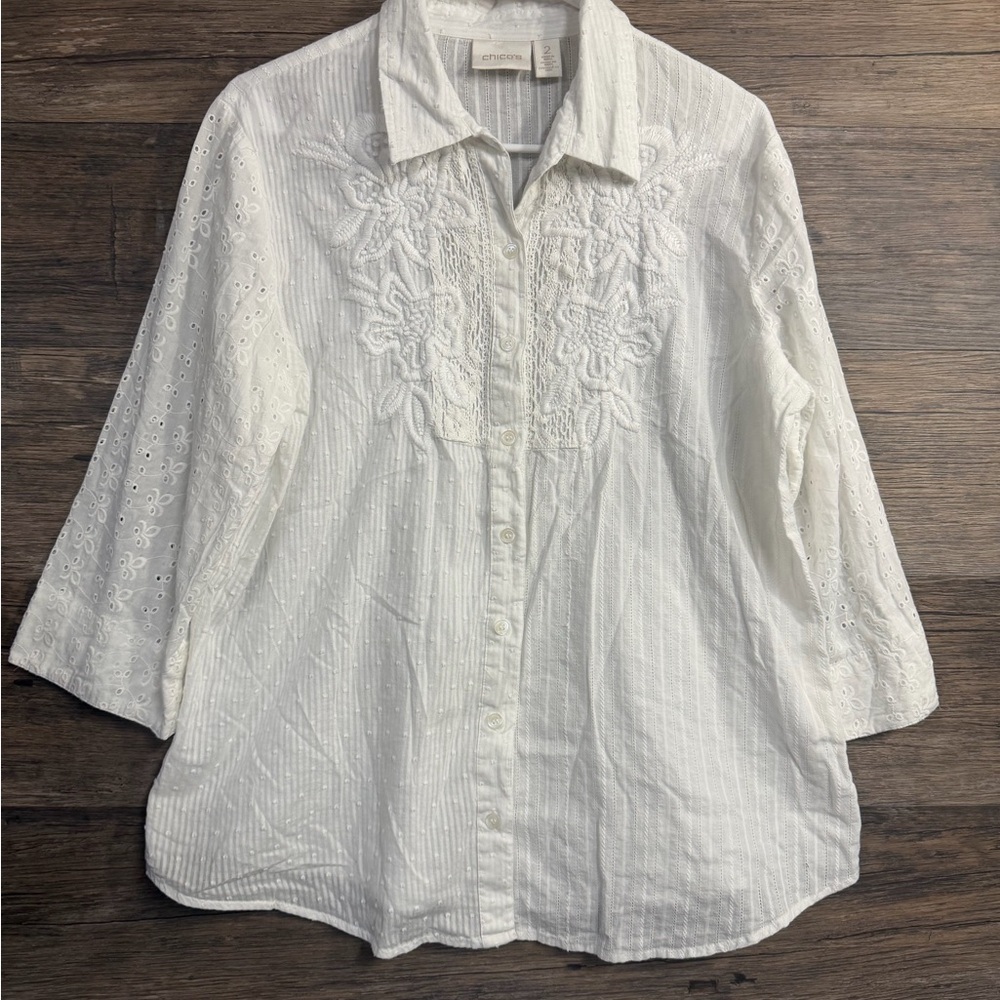 Chico's White Embroidered Button Down Shirt